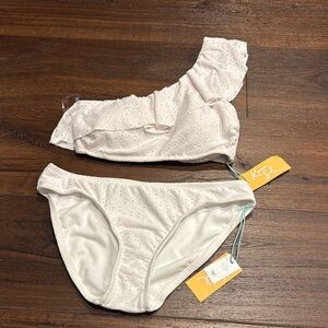 Kona Sol NWT White Eyelet One-Shoulder Ruffle Bikini, padded Bra.
